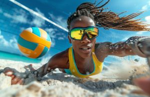 Black female volleyball player diving on beach to hit ball, in sunglasses and athletic gear